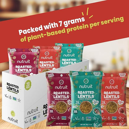 Nutruit Roasted Lentil Snacks - Tasty Snack Box with Vegan, Gluten Free, Non-GMO, High Protein, Low Calorie, Healthy On-The-Go Low Calorie Lentils Snacks - 1.2oz Packs (20-Pack Variety Box)