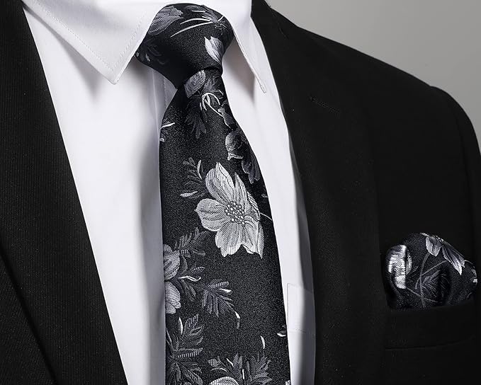 HISDERN Men Floral Ties Woven Classic 3.4" Necktie Set Formal Tie Pocket Square for Wedding with Handkerchief Gift Box