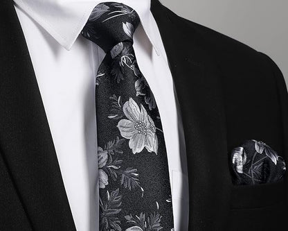 HISDERN Men Floral Ties Woven Classic 3.4" Necktie Set Formal Tie Pocket Square for Wedding with Handkerchief Gift Box