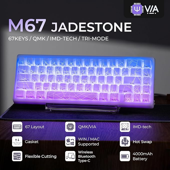 x XVX M67 Wireless 60% Percent Keyboard, QMK/VIA Gaming Keyboard, Tri-Mode Thocky Creamy Mechanical Key Board, Hot Swappable Gasket Mount RGB IMD Tech for Win/Mac, Spider Web Theme, White