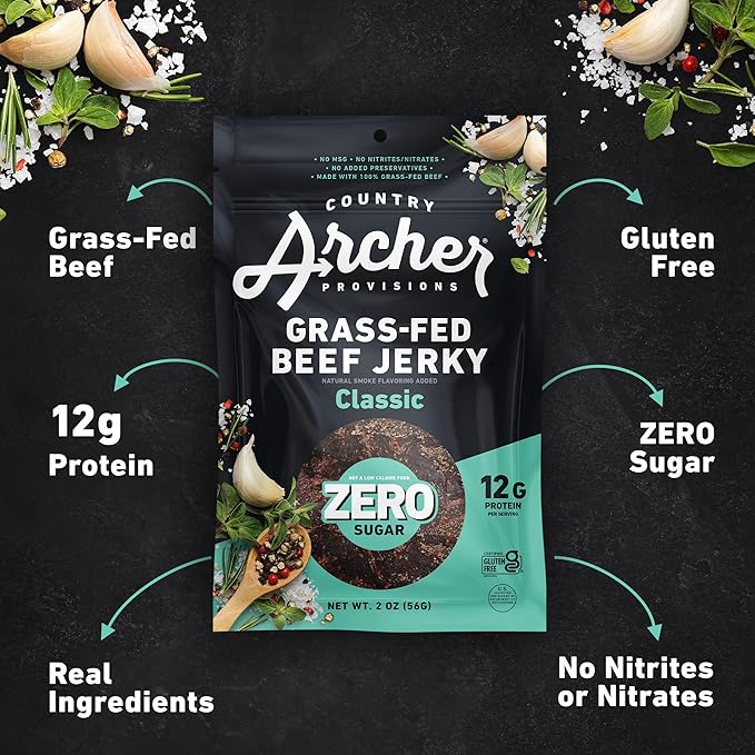 Country Archer Grass-Fed Beef Jerky Variety Pack - Beef Jerky Snack Packs, Beef Jerky Assortment, Jerky Sampler with Classic, Mustard BBQ and Spicy Sesame Garlic - 2 oz (Pack of 6)