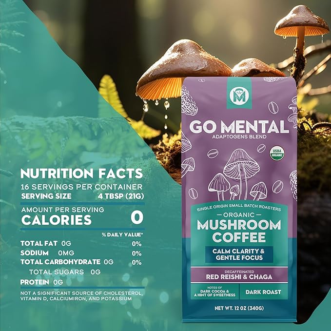 Organic Mushroom Coffee 3 Bag Gift Box Set, Lion's Mane & Chaga, Red Reishi & Chaga Decaffeinated, Turkey Tail & Cordyceps, Immune Support & Overall Wellbeing Dark Roast 36oz Ground
