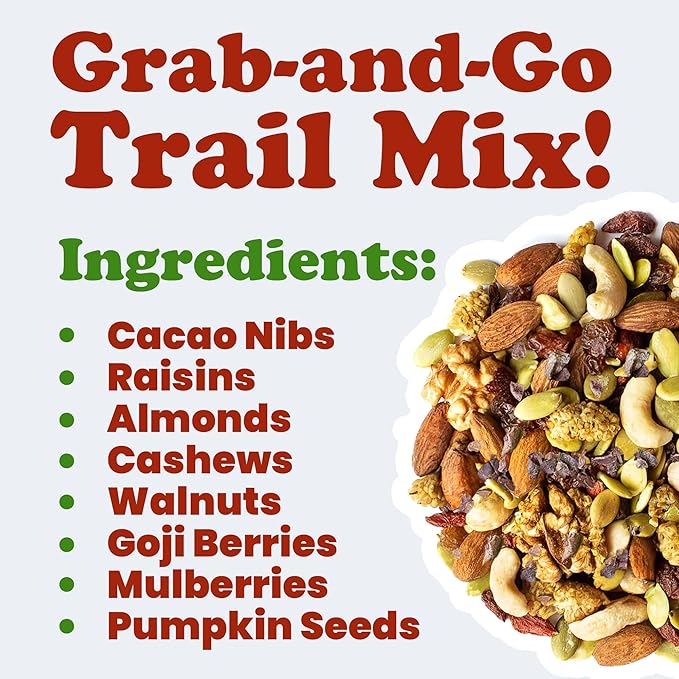Organic Raw Munchies Snack Mix, 4 Pounds — Raw and Non-GMO Snack Mix Contains Cacao Nibs, Raisins, Almonds, Cashews, Walnuts, Goji Berries, Mulberries, Pumpkin Seeds. Vegan Superfood, Kosher, No Added