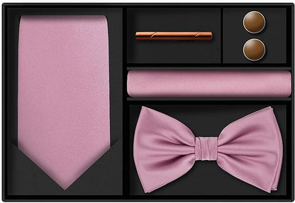 TIE G 5pcs Tie Set in WHITE OR BLACK GIFT BOX: Solid Color Necktie, Satin Bow Tie, Pocket Square, Lapel, Cuff Links