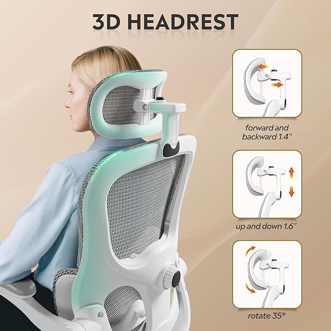 DEVAISE Ergonomic Mesh Home Office Desk Chair with Lumbar Support, High Back Reclining Computer Gaming Chair with Flip-up Armrests, 3D Headrest, Tilt Lock, Heavy Duty, SGS Class 4 Gas Lift, White