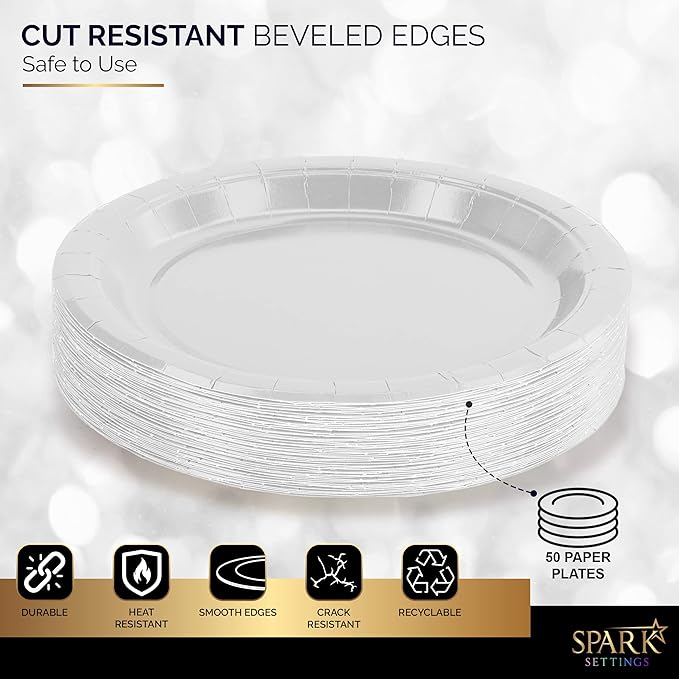 Disposable Paper Plates Silver, 6 3/4 Inches Paper Dessert Plates, Strong and Sturdy Disposable Plates for Party, Dinner, Holiday, Picnic, or Travel Party Plates, Pack of 50