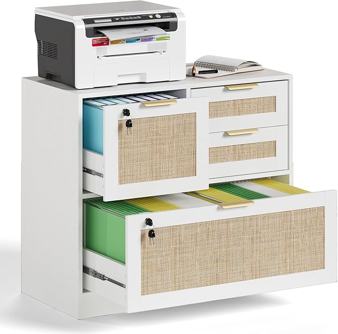 HOPUBUY Lockable 4 Drawers File Cabinet, Lateral Filing Cabinet with Printer Stand for Home Office and School, Wood Rattan File Cabinet for Hanging Files/Letter/Legal/A4/F4 Size, Oak Color (White)