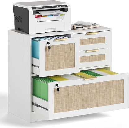HOPUBUY Lockable 4 Drawers File Cabinet, Lateral Filing Cabinet with Printer Stand for Home Office and School, Wood Rattan File Cabinet for Hanging Files/Letter/Legal/A4/F4 Size, Oak Color (White)