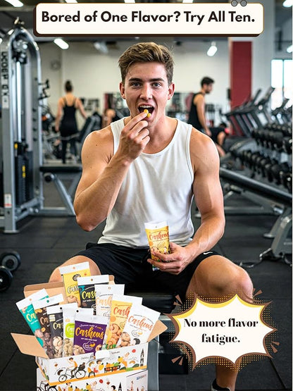 Gold Cashew Variety Pack – 10 Roasted Cashew Flavors (Coconut, Wasabi, Honey, Spicy, Salted, Unsalted, Coffee, Cheese, Chocolate, Testa) – 10 x 50g Bags – Vietnamese Snack Gift Box for Family, Non GMO