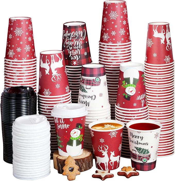 Hallswl 200 Pieces 12 oz Christmas Paper Cups with Lids, Disposable Coffee Cups for Cold Beverage Hot Drinking,Snowflake Snowman Truck Elk Plaid Pattern To Go Cup for Christmas Decorations