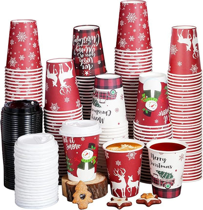 Hallswl 200 Pieces 12 oz Christmas Paper Cups with Lids, Disposable Coffee Cups for Cold Beverage Hot Drinking,Snowflake Snowman Truck Elk Plaid Pattern To Go Cup for Christmas Decorations