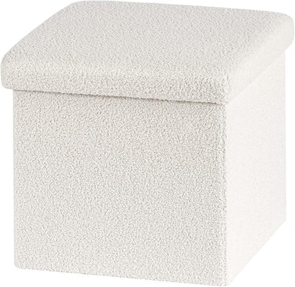 PINPLUS Storage Ottoman Cube Square Shaped Ottomans with Storage Foot Stool Footrest for Lving Room Boucle Ottoman Seat for Dorm Room,Faux Teddy Fur White,15"x15"x15"