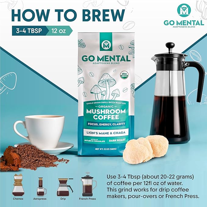 Organic Lion's Mane and Chaga Mushroom Coffee Dark Roast, Full Fruiting Bodies, For Enhanced Brain Function, Immune Support, Wellbeing, Grade 1 Single Origin Peruvian, 12oz - Ground (2 Pack)