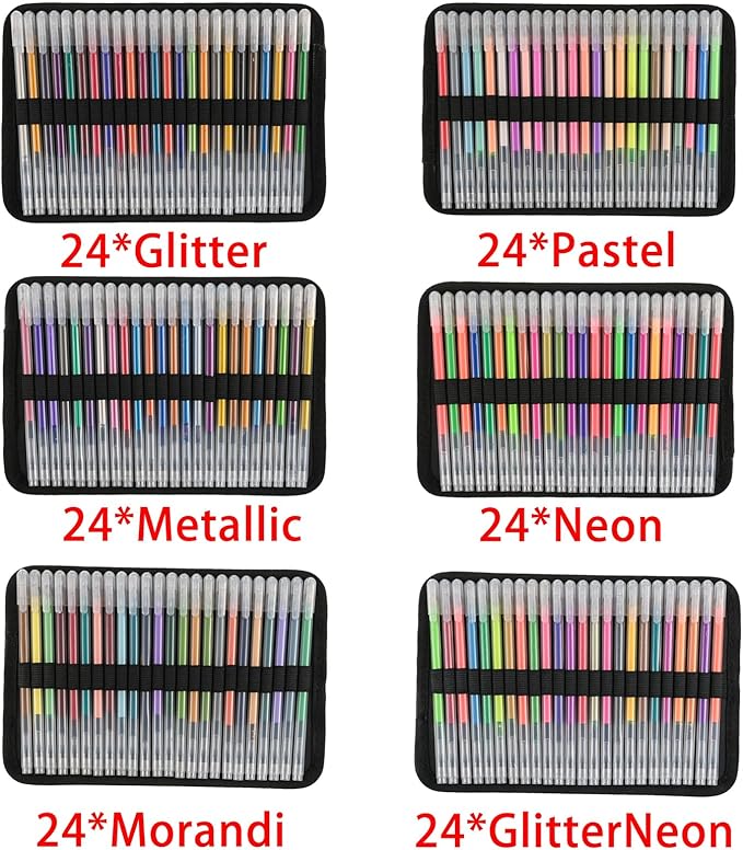 144 Colored Gel Pens, Glitter Neon Metallic Pastel Morandi Pens with Carrying Case with 150% More Ink for Adults Coloring Books Drawing Doodling Crafts Scrapbooks Bullet Journaling