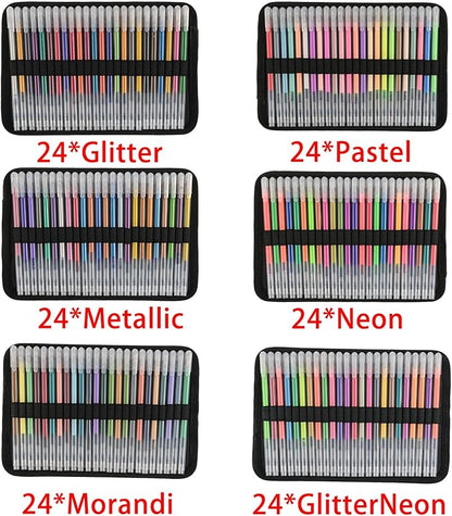 144 Colored Gel Pens, Glitter Neon Metallic Pastel Morandi Pens with Carrying Case with 150% More Ink for Adults Coloring Books Drawing Doodling Crafts Scrapbooks Bullet Journaling