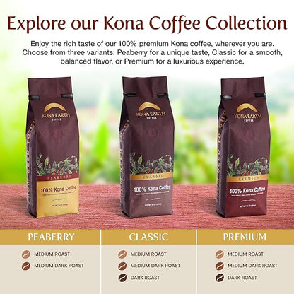 KONA EARTH 100% Kona Premium Coffee, Medium Roast, Whole Bean, 1 lb (16oz) Farm-Direct Authentic Hawaiian Kona Coffee beans from Hawaii’s Big Island, Micro-Batch-Roasted