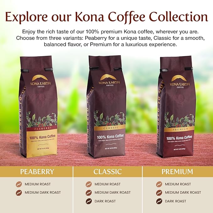 KONA EARTH 100% Kona Coffee, Classic Dark Roast, Whole Bean, 1 lb (16oz) Farm-Direct Authentic Hawaiian Kona Coffee beans from Hawaii’s Big Island, Micro-Batch-Roasted