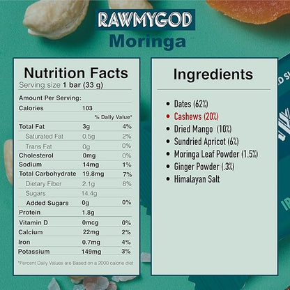 RAWMYGOD Fruit and Nut Bars, Gluten Free, Vegan, No Added Sugar (20 bars, Vitality Pack - 5 Prebiotic, 5 Moringa, 5 Baobab, 5 Daily)