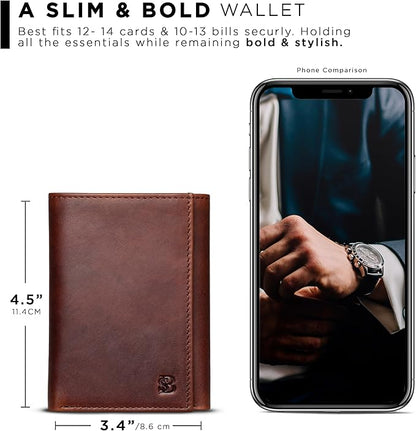 SERMAN BRANDS Trifold Wallet for Men - RFID Blocking Full Grain Leather, 11 Card Slots & ID Window, Slim Everyday Carry, Durable Stitching, Gift for Him