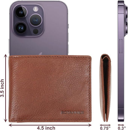 Genuine Leather Bifold Mens Wallet RFID Blocking 5 Credit Card Slots 1 ID Window 2 Sections for Bills 2 Additional Slots | Choco
