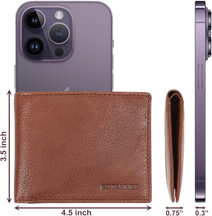 Mens Leather Bifold Wallet RFID Blocking, 8 Credit Card Slots, 2 Sections for Notes & 2 Additional Slots | Choco