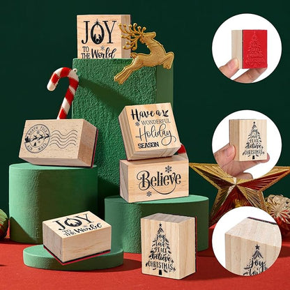 6 Pcs Christmas Rubber Stamp Set Merry Christmas Wooden Rubber Stamp Snow Tree Stamps Vintage Wooden Art Stamps for Crafting and DIY Scrapbooking Card Making Hand Book (Retro)