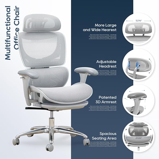 COLAMY Ergonomic Mesh Office Chair, High Back Desk Chair with Footrest, Adjustable Headrest and 3D Arms, Fixed Tilt Lock, Lumbar Support, Breathable Mesh Computer Chair for Home Office - Grey