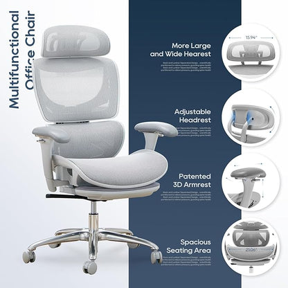 COLAMY Ergonomic Mesh Office Chair, High Back Desk Chair with Footrest, Adjustable Headrest and 3D Arms, Fixed Tilt Lock, Lumbar Support, Breathable Mesh Computer Chair for Home Office - Grey