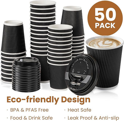Fit Meal Prep 50 Pack 12 oz Black Disposable Coffee Cups with Lids & Stirrers, Corrugated Triple Wall To Go Hot Cups, Insulated Paper Coffee Cups for Hot Beverages, Travel, Home, Office (Black Lids)