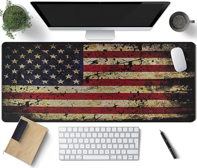 American Antique Flag Patterns Desk Mat, Large Gaming Mouse Pad Non-Slip Rubber Base with Stitched Edges, Waterproof Protection for PC Laptop Home Office Desk Decor (35.4x15.7in)