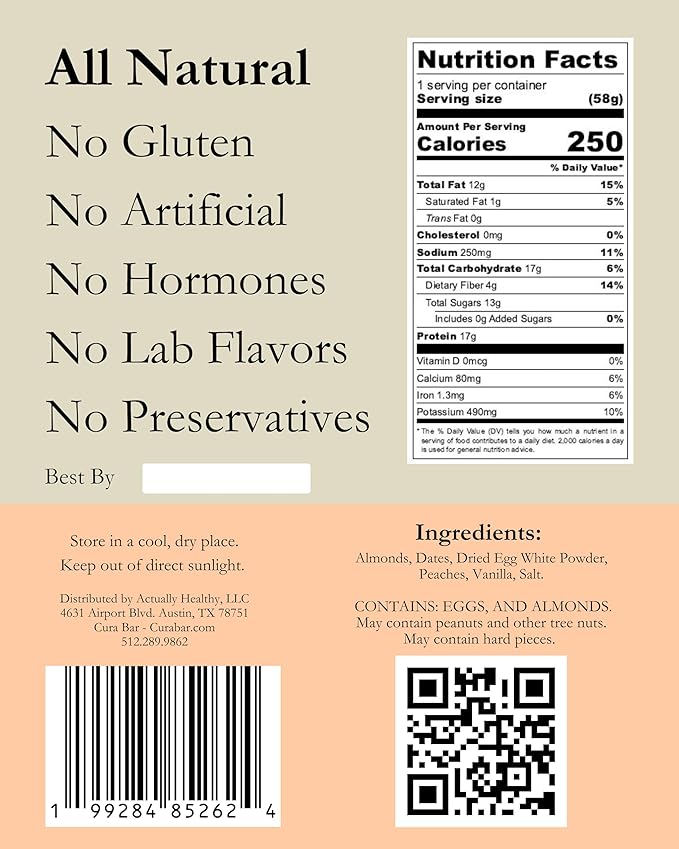 CuraBar Protein Bars – Peach Vanilla, 17g Protein, Low Carb, Gluten Free, Dairy Free, Healthy Snack, Seed Oil Free, No Artificial Ingredients, 12 Count
