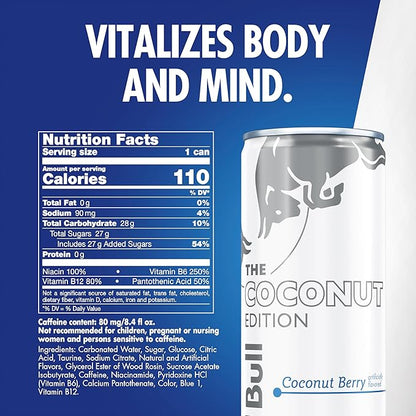 Red Bull Coconut Edition Energy Drink, Coconut Berry, with 80mg Caffeine plus Taurine & B Vitamins, 8.4 Fl Oz, 6 Packs of 4 Cans (Pack of 24)