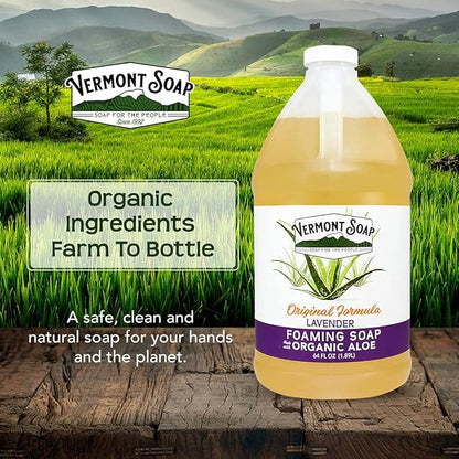 VERMONT SOAP Organic Lavender Foaming Hand Soap - Natural Moisturizing Soap for Dry Skin - Fragrance Free Liquid Bathroom Hand Soap - Lavender- 64 oz