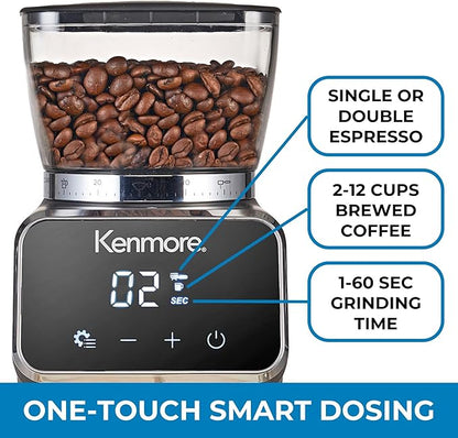 Kenmore Conical Burr Coffee Grinder - Electric Maquina de Moler Café for Espresso, French Press, Drip, Adjustable Grind Size, Bean Mill, Digital Control, Spice Grinding, Home Use