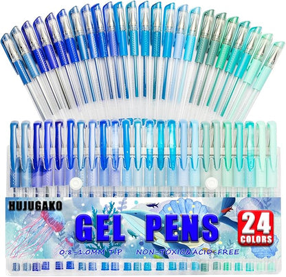 48 Pack Blue Gel Pens, 24 Colored Gel Pen with 24 Refills,40% More Ink Write Smooth for Adults Coloring Books Drawing Doodling Scrapbooks Bullet Journaling
