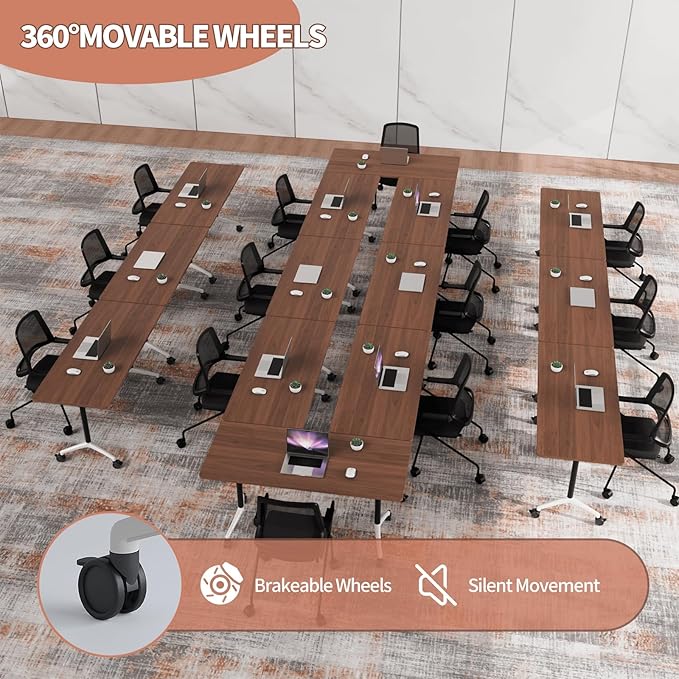Conference Table, Foldable Conference Room Tables with Silent Wheels, Folding Modular Seminar Meeting Tables, Modern Rectangle Training Table for Office, Boardroom (8, Walnut2, 55.1)