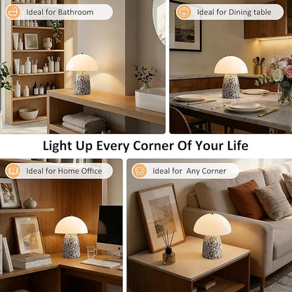 11" Mushroom Table Lamp, Small Ceramic Desk Bedside Lamp with Touch Control 3-Way Dimmable & Glass Shade, Modern Nightstand Lamp for Living Room Bedroom Home Office Crackle Texture Decor-Black