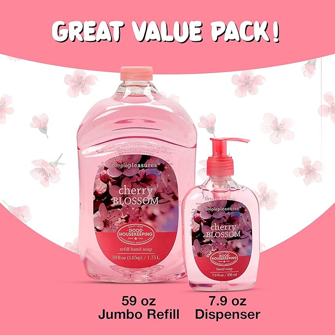 SIMPLE PLEASURES Premium Hand Soap Refills - Cherry Blossom Scent, 7.9 oz Bottle with Jumbo 59 oz Refill - Goodhousekeeping Seal Approved - Multiple Scents Available- Cherry Blossom Soap