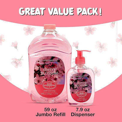 SIMPLE PLEASURES Premium Hand Soap Refills - Cherry Blossom Scent, 7.9 oz Bottle with Jumbo 59 oz Refill - Goodhousekeeping Seal Approved - Multiple Scents Available- Cherry Blossom Soap