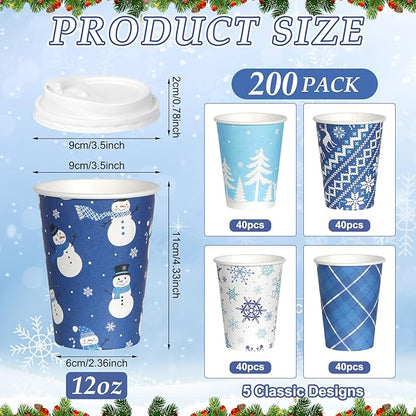 200 Set Christmas Coffee Paper Cups with Lids 12oz, Bulk Disposable Winter Coffee Cups, 5 Styles Xmas Holiday Cups for Hot Chocolate Cold Drinks Christmas New Year Winter Party Supplies Decorations