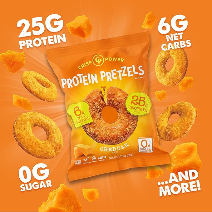 Crisp Power Protein Pretzels, NEW Cheddar, High Protein Vegan Keto Snack, 25 G Plant Based Protein, Low Carb Crunchy Pretzel Snacks, No Added Sugar, No Seed Oils, 1.75 oz Bags, 24 Pack