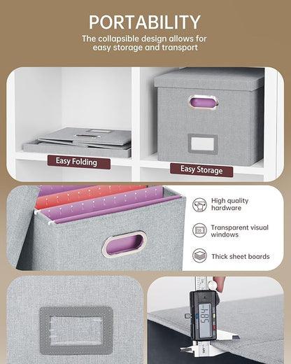 Oterri 2 Pack File Storage Organizer, Filing Box, Portable File Box with Lid, Fit for Letter/Legal File Folder Storage, Document Organizer, Gray-White