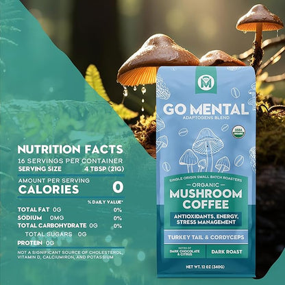 Organic Mushroom Coffee 3 Bag Gift Box Set, Lion's Mane & Chaga, Red Reishi & Chaga Decaffeinated, Turkey Tail & Cordyceps, Immune Support & Overall Wellbeing Dark Roast 36oz Ground