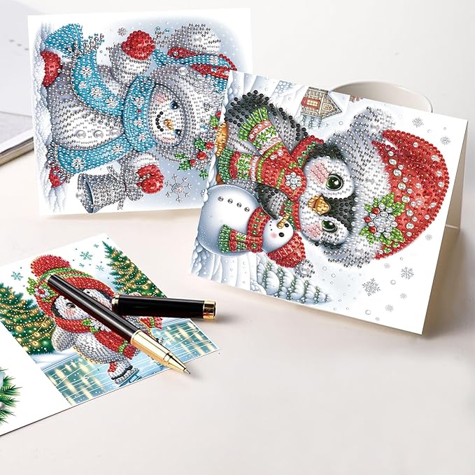 8pcs Christmas Diamond Painting Greeting Cards Christmas snowman & penguin, for Blessings and Wishes, Special Shape Crystal Partial Mosaic Making Craft, Paper Material, DIY Gifts for Holiday