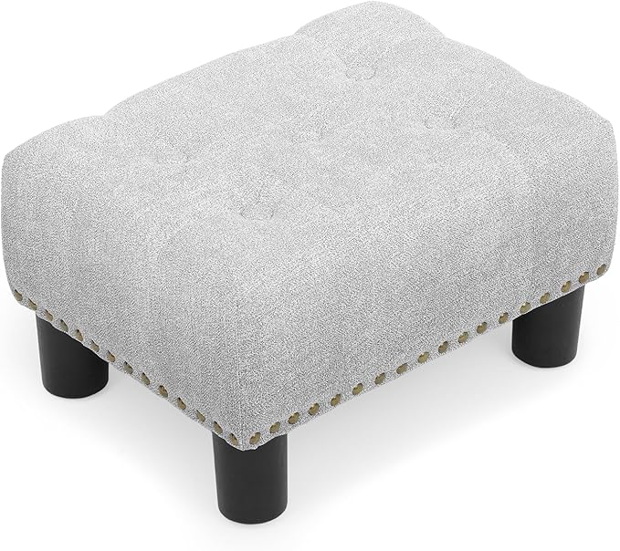 Athena Collection Small Foot Stool Ottoman with Storage, Rectangular Mini Ottoman with Legs Tufted Ottoman Foot Rest Stool Upholstered Ottoman Footstool with Nailhead Trim & Zipper, Light Gray