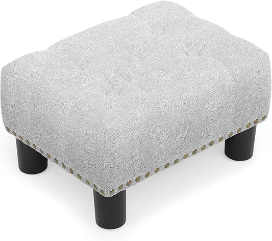 Athena Collection Small Foot Stool Ottoman with Storage, Rectangular Mini Ottoman with Legs Tufted Ottoman Foot Rest Stool Upholstered Ottoman Footstool with Nailhead Trim & Zipper, Light Gray