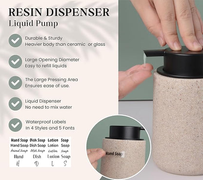 Resin Hand Soap Dispenser Easy-to-Press Liquid Pump, Refillable Soap Dispenser with Sandstone Like Finish, Waterproof Bottle Labels for Bathroom Kitchen Dish Lotion (Beige,10 oz)