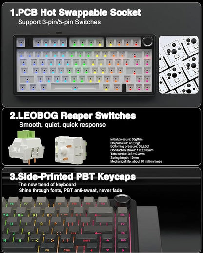 AULA F75 Pro Wireless Mechanical Keyboard,75% Hot Swappable Custom Keyboard with Knob,RGB Backlit,Pre-lubed Reaper Switches,Side Printed PBT Keycaps,2.4GHz/USB-C/BT5.0 Mechanical Gaming Keyboards