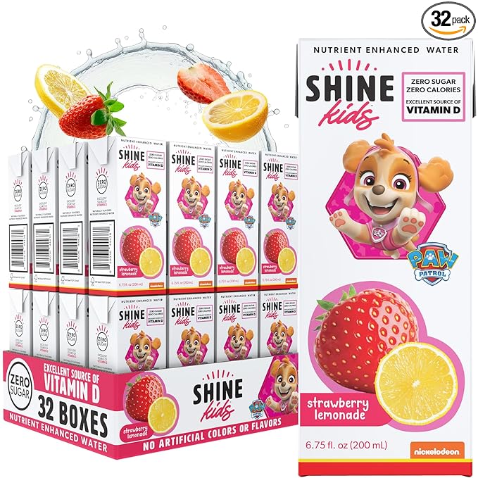 ShineWater Kids x Paw Patrol Vitamin D Strawberry Lemonade Juice Boxes | No Added Sugar | Naturally Flavored Drink for Kids | Vegan Gluten Free Hydration | 32 Pack