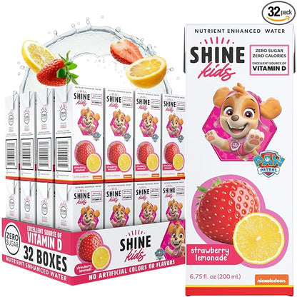 ShineWater Kids x Paw Patrol Vitamin D Strawberry Lemonade Juice Boxes | No Added Sugar | Naturally Flavored Drink for Kids | Vegan Gluten Free Hydration | 32 Pack